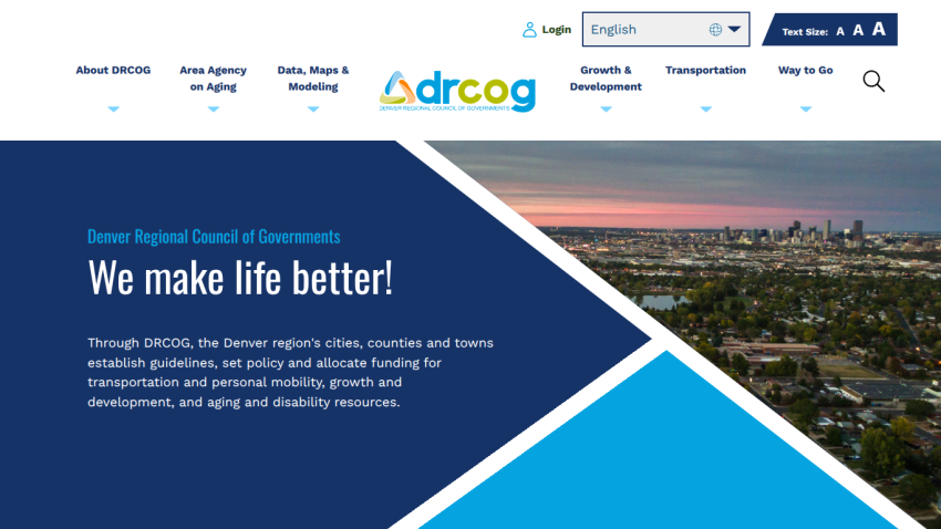Denver Regional Council of Governments homepage with navigation and a hero section stating 'We make life better!' and a cityscape background.