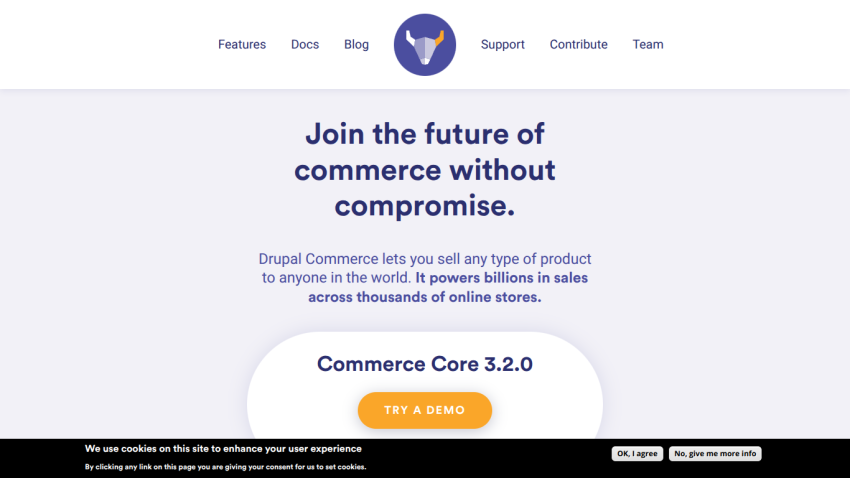 Drupal Commerce homepage with navigation links and a call to action to try Commerce Core 3.2.0 demo