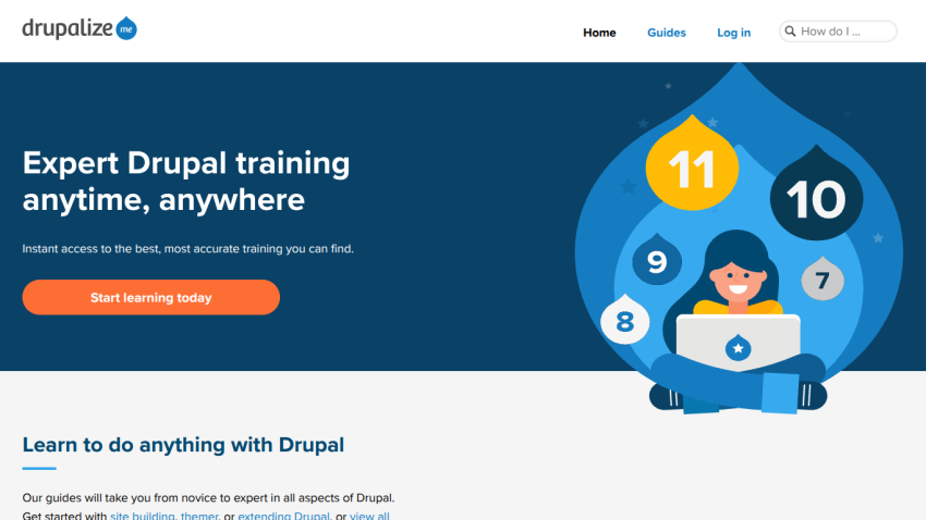 Drupalize.me homepage offering expert Drupal training anytime with a call to action button