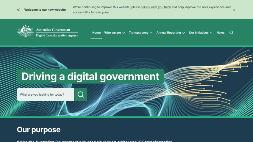 Australian Government Digital Transformation Agency homepage with navigation and search bar, headline 'Driving a digital government'