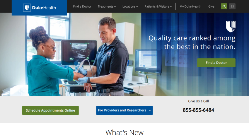 Duke Health homepage featuring quality care ranking and appointment scheduling options.