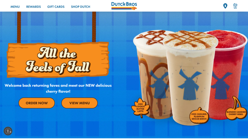 Promotional banner for fall drinks with images of beverages and call-to-action buttons.