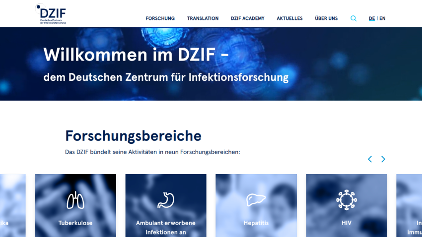 Welcome message and research areas at the German Center for Infection Research website