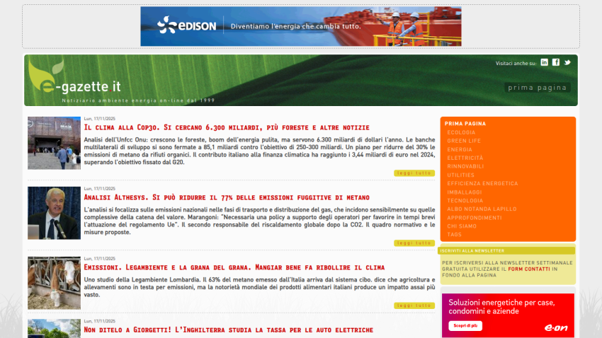 Italian environmental news site e-gazette.it with articles on climate finance, methane emissions, and energy policies dated 17/11/2025