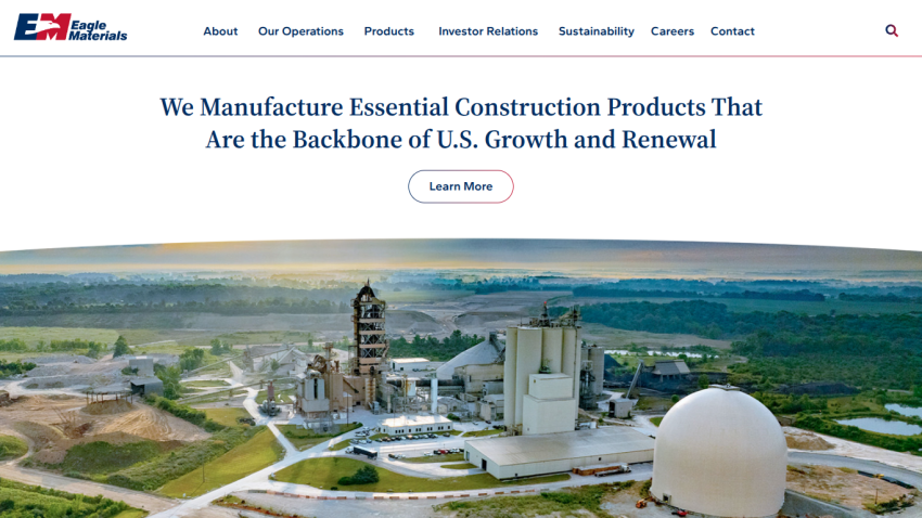 Eagle Materials homepage with navigation and headline about manufacturing essential construction products for U.S. growth
