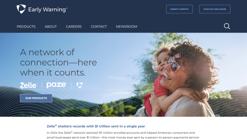 Early Warning website showcasing connection services with Zelle and Poze.