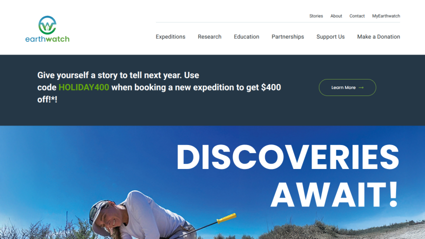 Homepage header with navigation menu and hero section featuring a promotional banner and call-to-action button