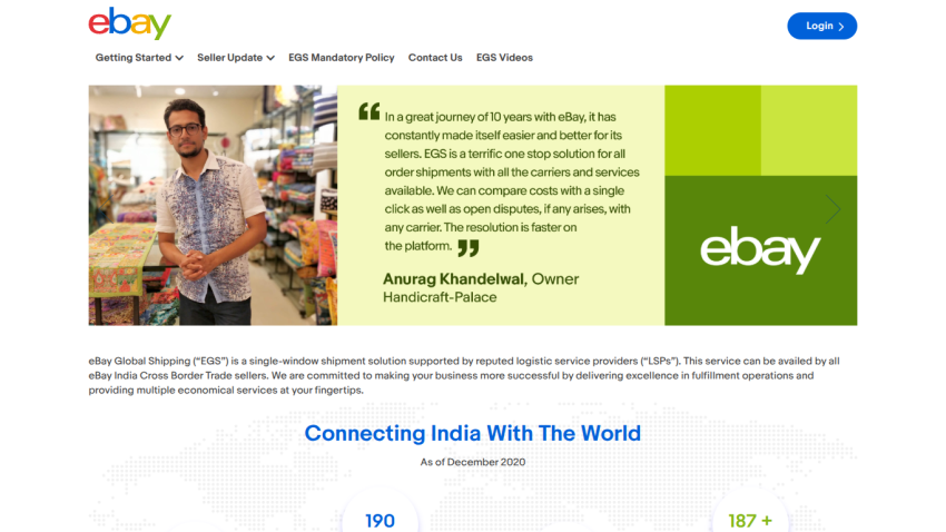 eBay Global Shipping page with testimonial, navigation menu, and headline Connecting India With The World