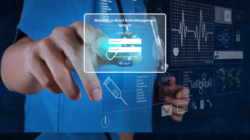 Blood Bank Management System login screen with username and password fields over medical-themed background