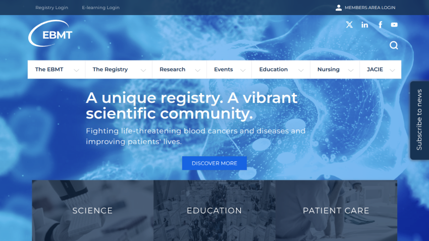 EBMT homepage with navigation menu and hero text about a unique registry and scientific community fighting blood cancers.