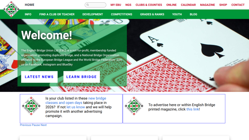 English Bridge Union homepage with welcome message, navigation menu, and latest news sections