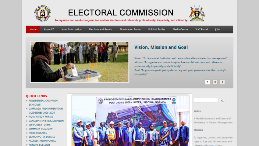 Electoral Commission homepage with navigation menu, vision and mission statements, and images of voters and officials