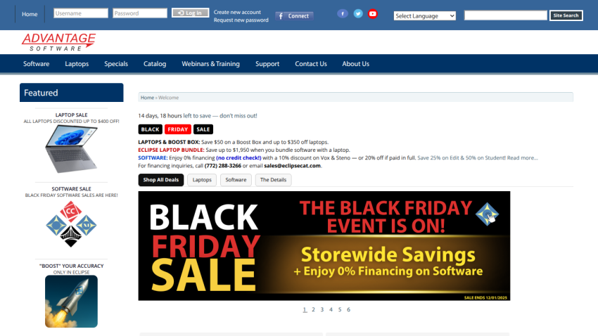 Advantage Software homepage with Black Friday sale banner offering storewide savings and 0% financing on software