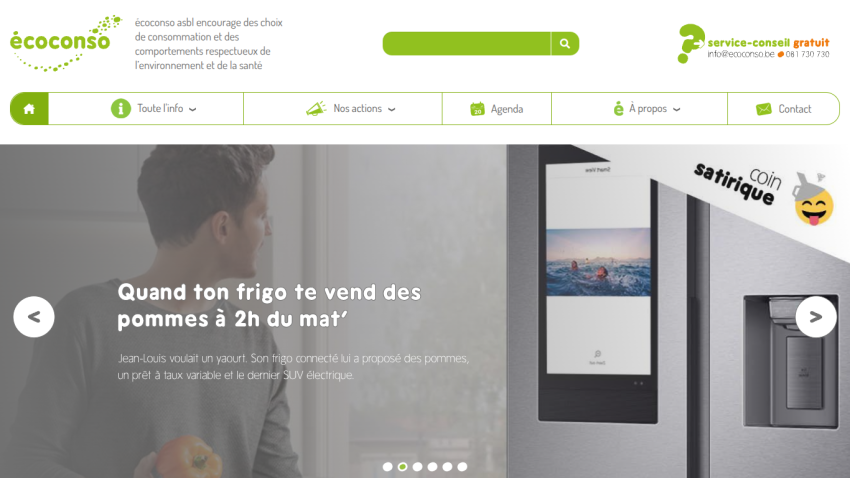 Écoconso homepage promoting environmentally respectful consumption with satirical fridge ad and navigation menu