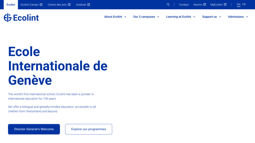 Ecolint homepage with headline about being the world's first international school offering bilingual education in Geneva