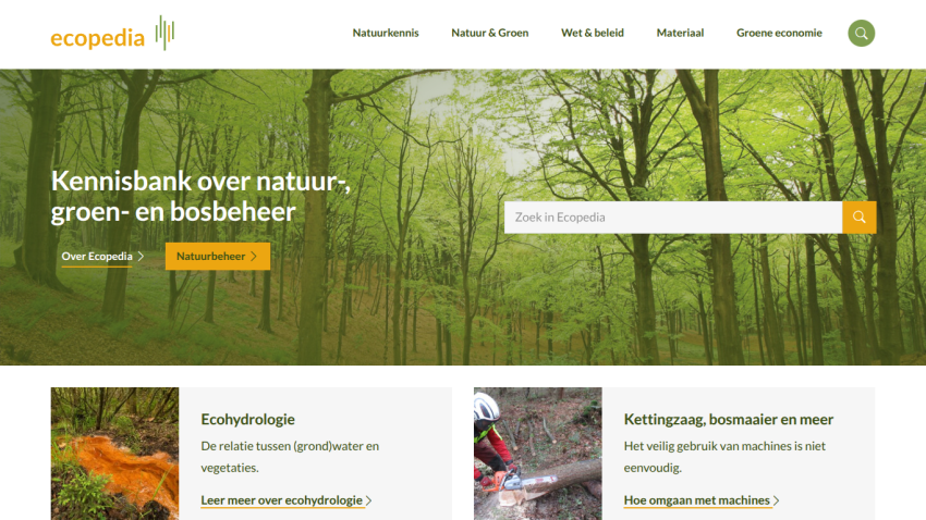 Ecopedia homepage with navigation, search bar, and featured topics on nature and forest management