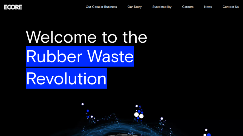 Homepage with navigation links and headline welcoming to the Rubber Waste Revolution