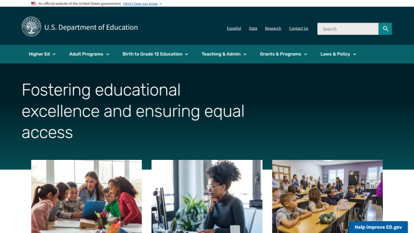 U.S. Department of Education homepage featuring a mission statement on educational excellence.