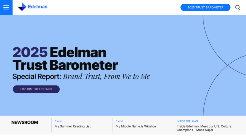 2025 Edelman Trust Barometer report headline with navigation links.