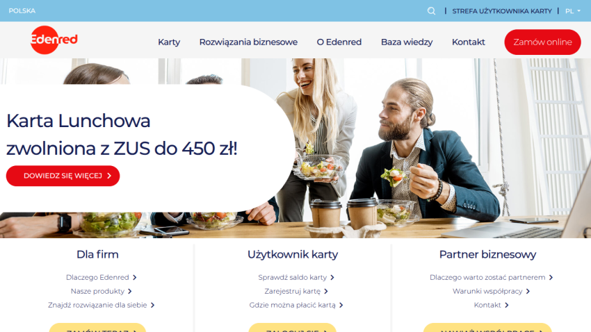 Edenred website hero promoting Lunch Card exempt from ZUS up to 450 zł with navigation and call to action