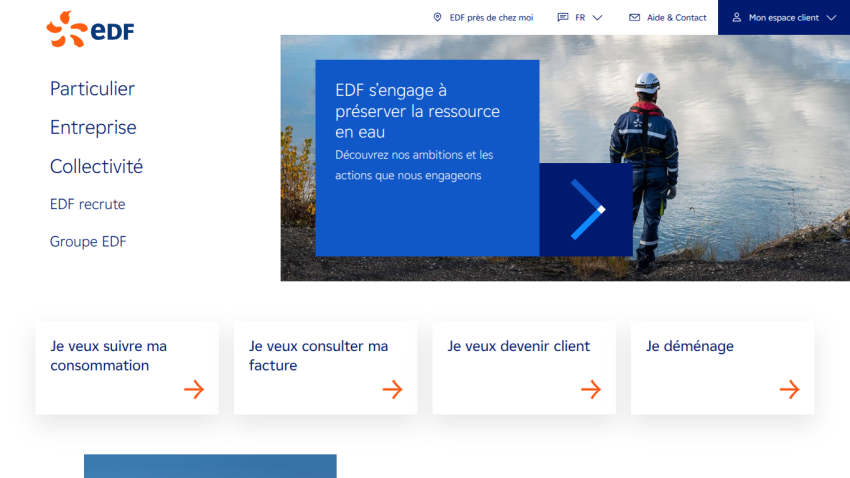EDF website homepage with navigation and hero image about water resource management.