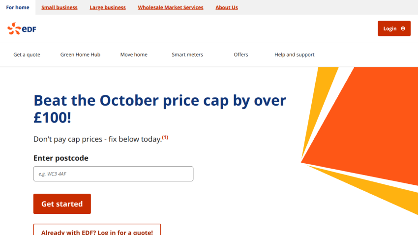 Promotional banner for price cap savings with postcode entry and call-to-action button.