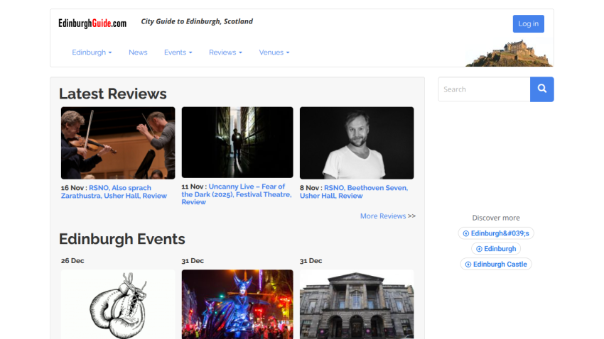 EdinburghGuide.com city guide with latest reviews and upcoming Edinburgh events including dates and images