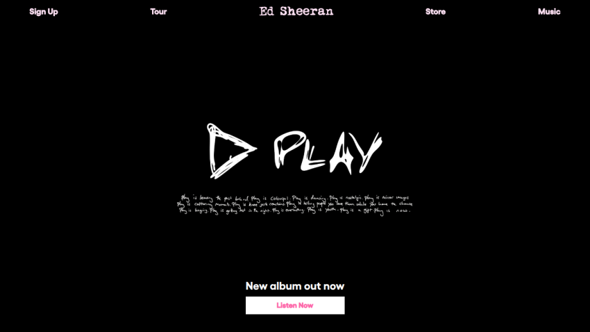Homepage featuring the title 'D PLAY' and a button for the new album release.