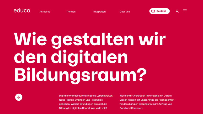 Website header and hero section with headline about shaping the digital education space in German