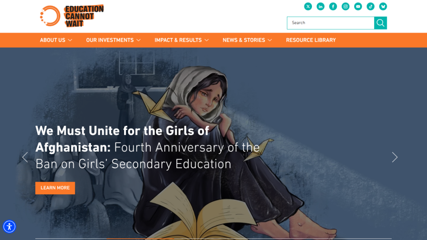 Education Cannot Wait homepage with a call to unite for the girls of Afghanistan against the ban on girls' secondary education.