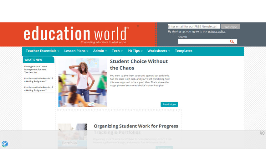 Education World homepage featuring articles on student choice and organization.