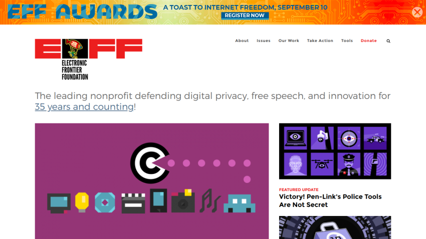 EFF Awards page promoting digital privacy and free speech with key visuals.
