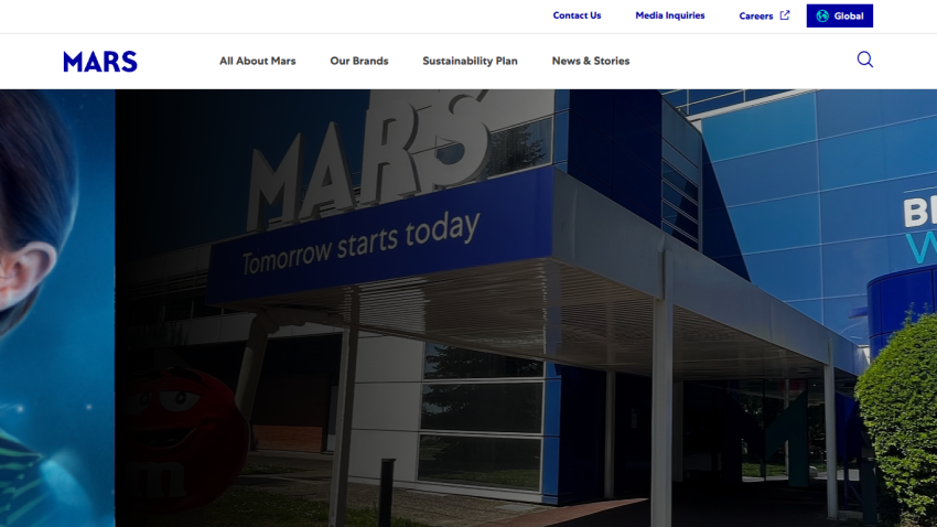 Mars company website with navigation links and a hero image showing Mars building and slogan 'Tomorrow starts today'