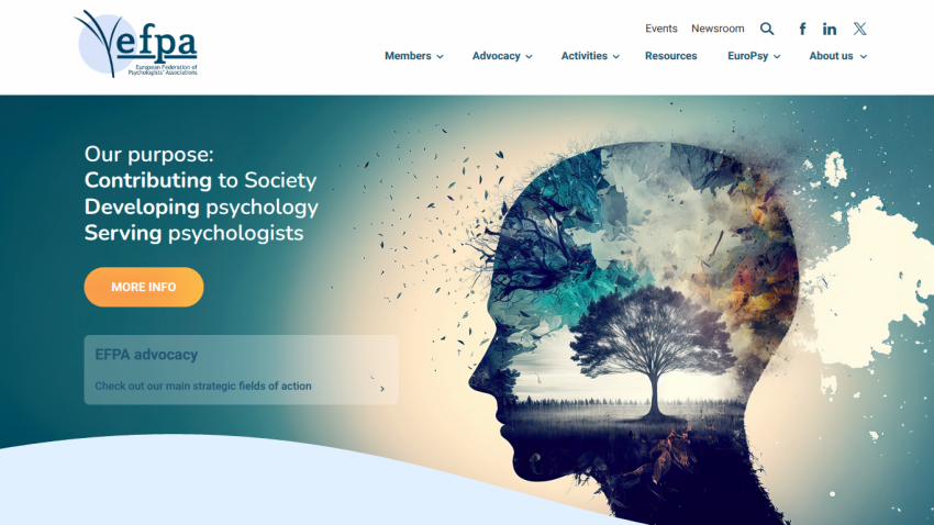 European Federation of Psychologists' Associations homepage with purpose statement and artistic human head illustration