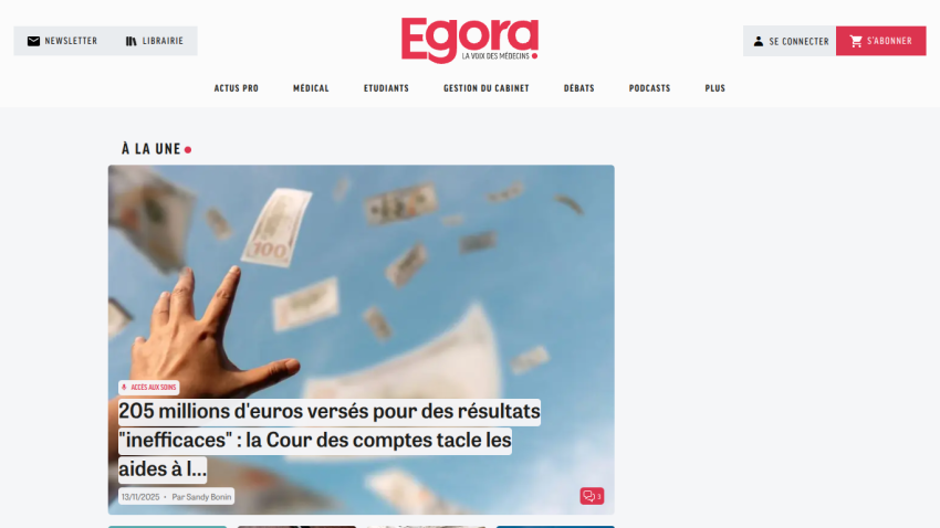 Egora website homepage with headline about 205 million euros paid for ineffective results and a background image of flying money