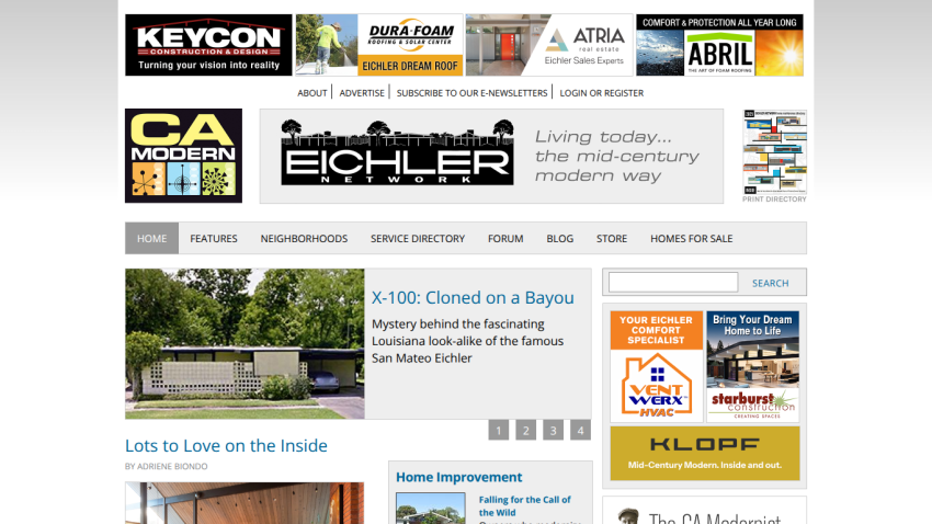 Eichler Network homepage with mid-century modern theme, navigation menu, featured article about X-100 house, and home improvement section