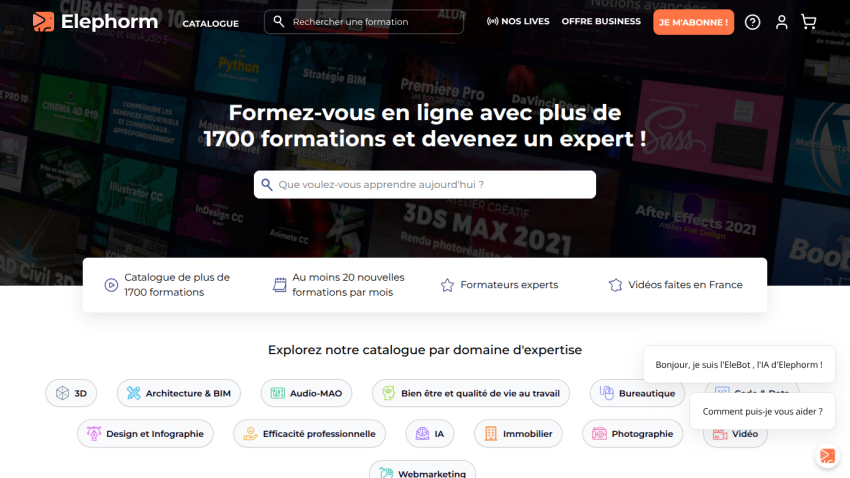 Elephorm online training platform homepage offering over 1700 courses with search and categories like 3D, Architecture, Audio, Design, IA, and more