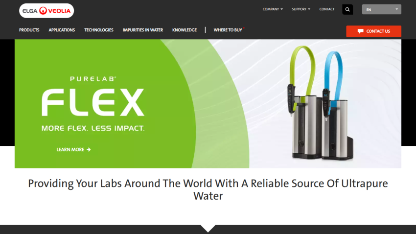 Website header and hero section promoting PURELAB FLEX ultrapure water system with tagline and product image