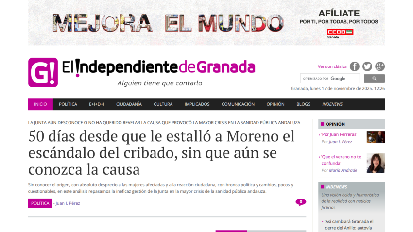 News article on political scandal in Andalusian public health, dated November 17, 2025, with navigation and opinion section