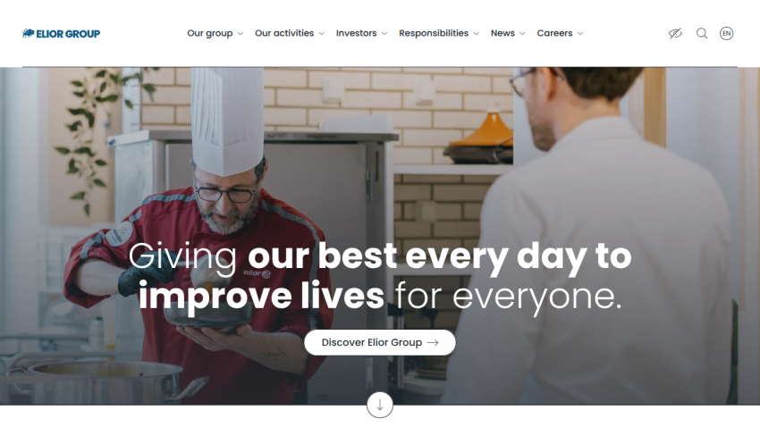 Elior Group website header with navigation and hero section showing a chef preparing food and text about improving lives