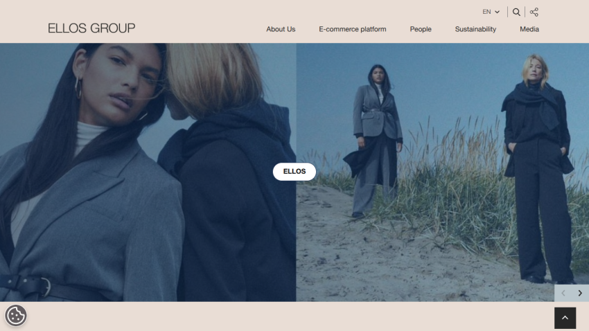 Homepage of Ellos Group featuring models in stylish outfits against a natural backdrop.