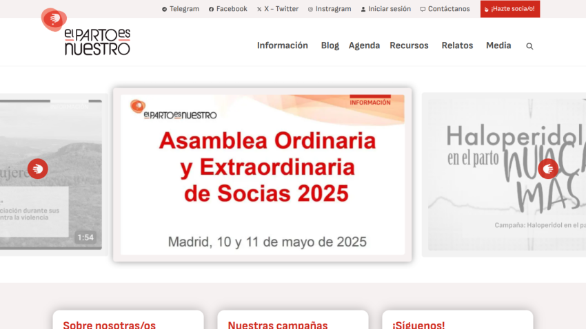 Website header with navigation links and announcement for Asamblea Ordinaria y Extraordinaria de Socias 2025 in Madrid on May 10-11