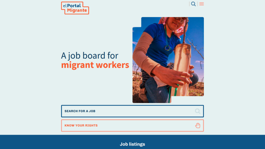Job board homepage for migrant workers with search bar and know your rights link