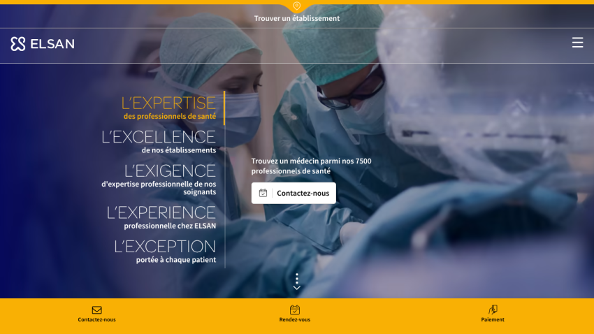 Healthcare professionals in surgical attire with key service highlights.