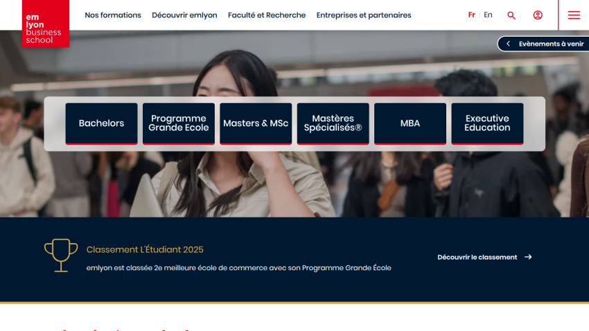 Website header with navigation links and a banner highlighting student rankings.