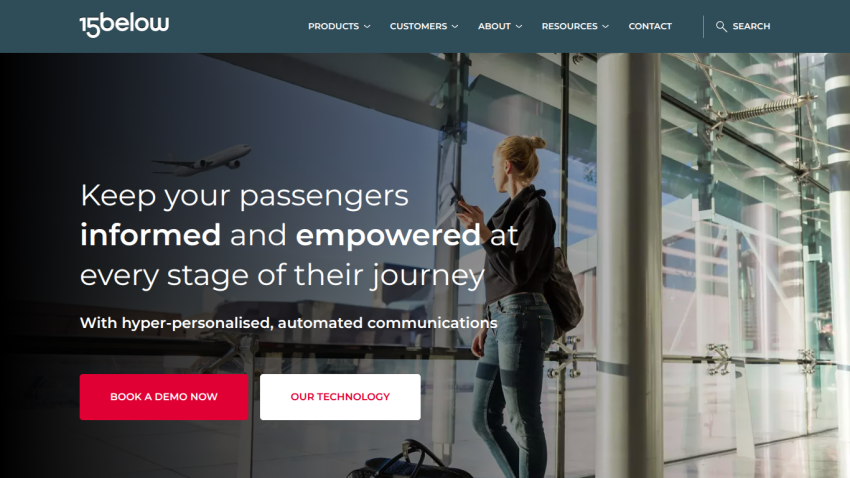 Website header and hero section promoting passenger communication with options to book a demo or learn about technology