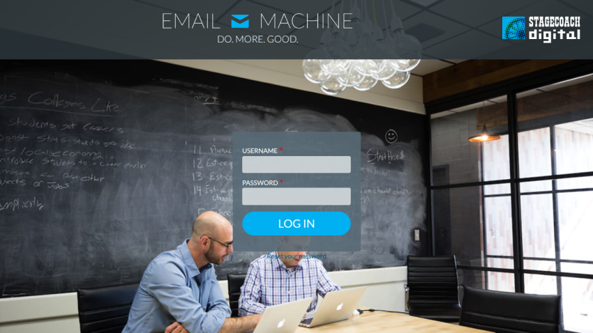 Email Machine login page with username and password fields over a meeting room background
