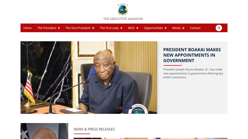 The Executive Mansion website with navigation and headline about President Boakai's new government appointments