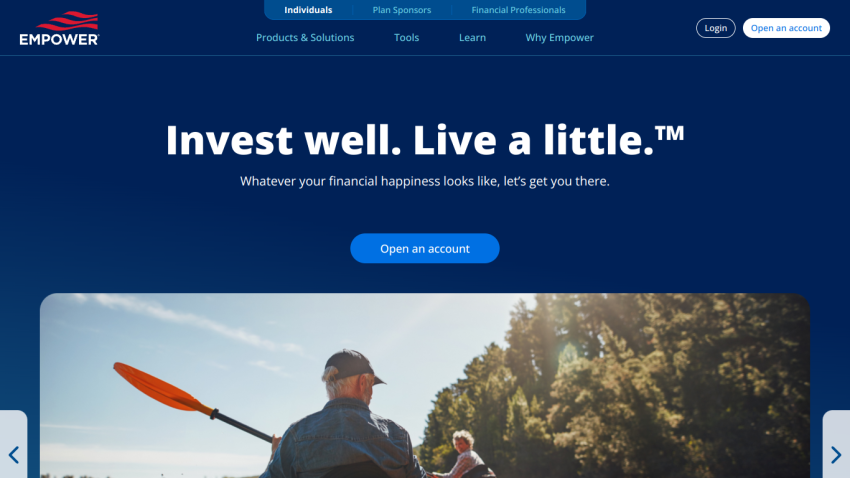 Homepage featuring a man kayaking with the tagline 'Invest well. Live a little.' and a call to action to open an account.