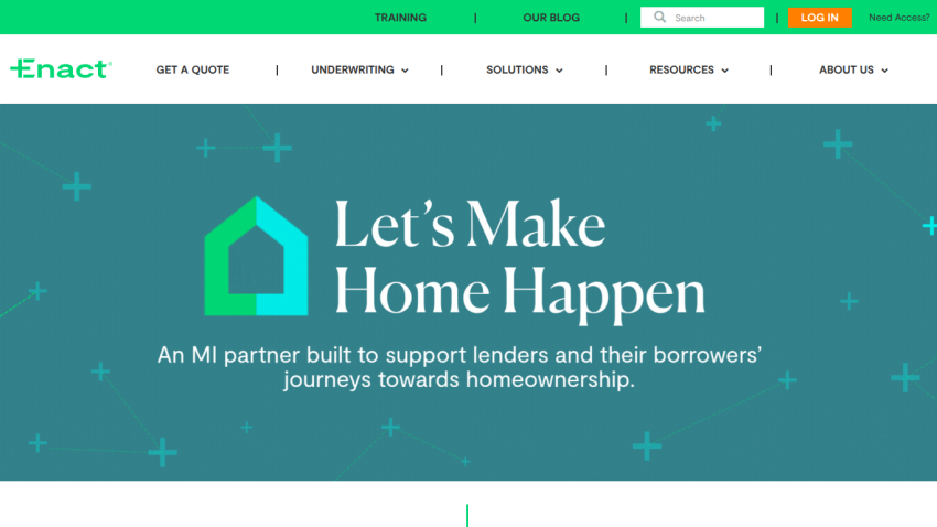 Enact homepage with tagline 'Let's Make Home Happen' supporting lenders and borrowers towards homeownership